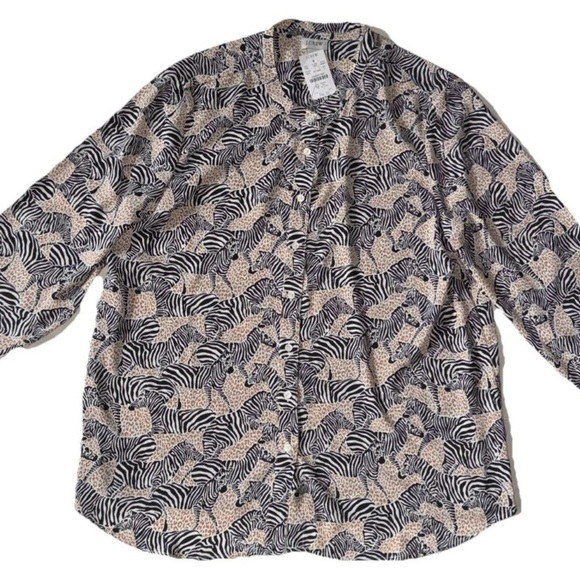 J. Crew Factory Band Collar Button Up Top Animal Print Zebra Print Women’s L - Picture 3 of 7